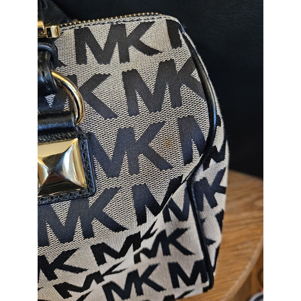 Michael Kors MK Signature Jacquard Satchel Black Beige Gold Hardware Handbag - Picture 5 of 9